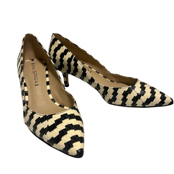 New Via Spiga Carola Black White Snake Leather Heel Pumps Dress Shoes Size 6M - Picture 2 of 7